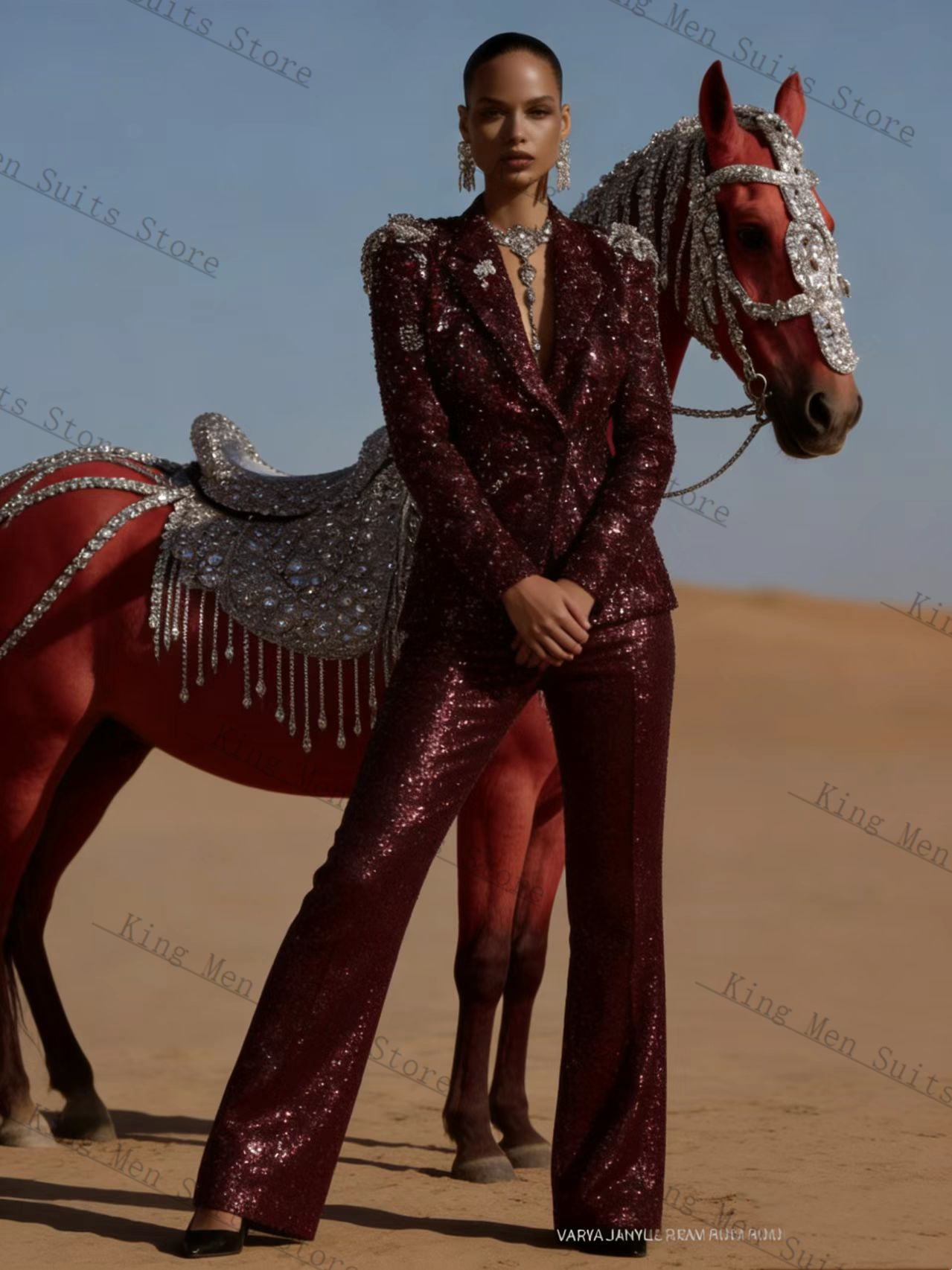 Women'S Formal Wear Tuxedo - Burgundy Shiny Women Suit Set 2