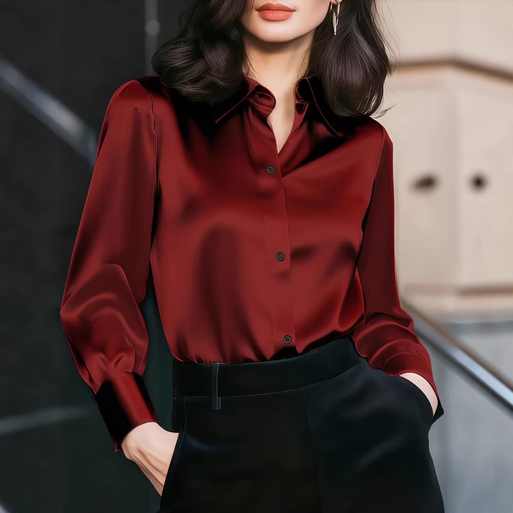 Women Formal Office Wear Tops - Women Satin Lapel Collar Blouse Button