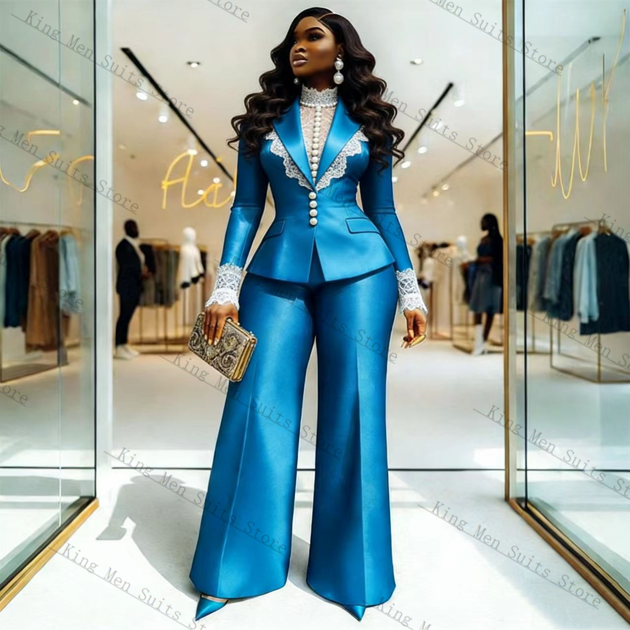 Blue Satin Lace Women Suit Set - đánh giá và giá Women'S Formal Wear Tuxedo