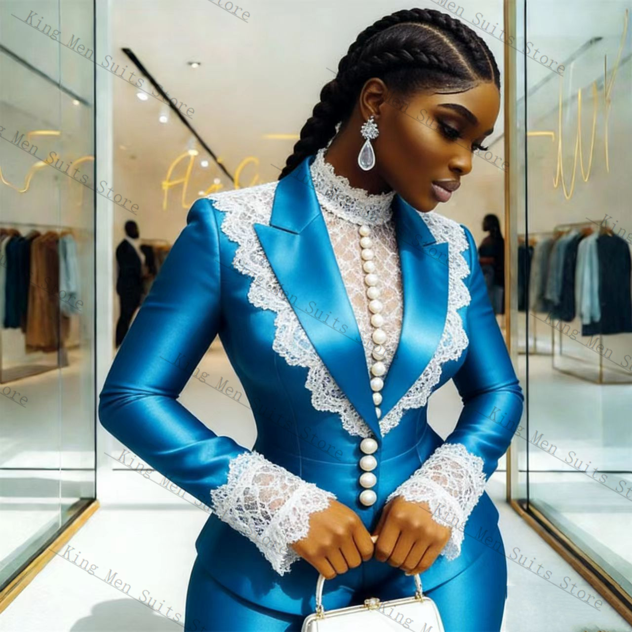 Blue Satin Lace Women Suit Set - đánh giá và giá Women'S Formal Wear Tuxedo