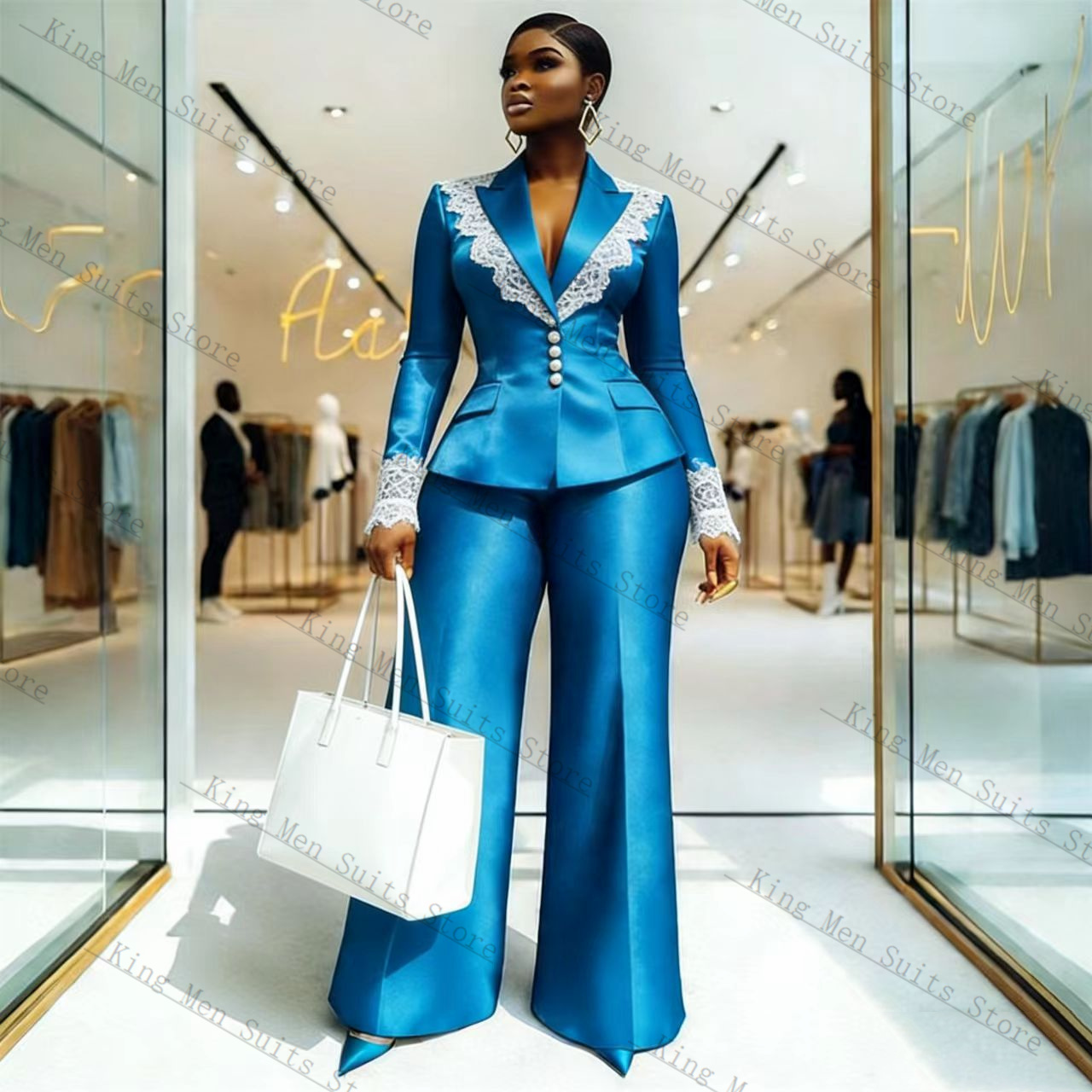 Blue Satin Lace Women Suit Set - đánh giá và giá Women'S Formal Wear Tuxedo
