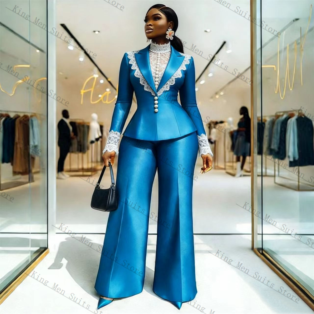 Blue Satin Lace Women Suit Set - đánh giá và giá Women'S Formal Wear Tuxedo